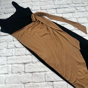 Asymmetrical Black and Tan Large Maxi Dress Sheath Tank Faux Wrap Tie Waist